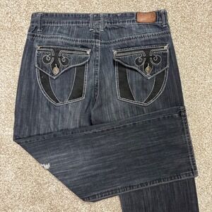 Basic Code Y2K Jeans Mens 38x32 Blue Baggy Embroidered Flap Pockets Skater Y2K